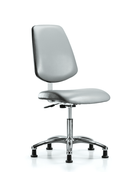 Class 10 Clean Room Vinyl Chair Chrome - Desk Height with Medium Back & Stationary Glides in Sterling Supernova Vinyl - CLR-VDHCH-MB-CR-RG-8840