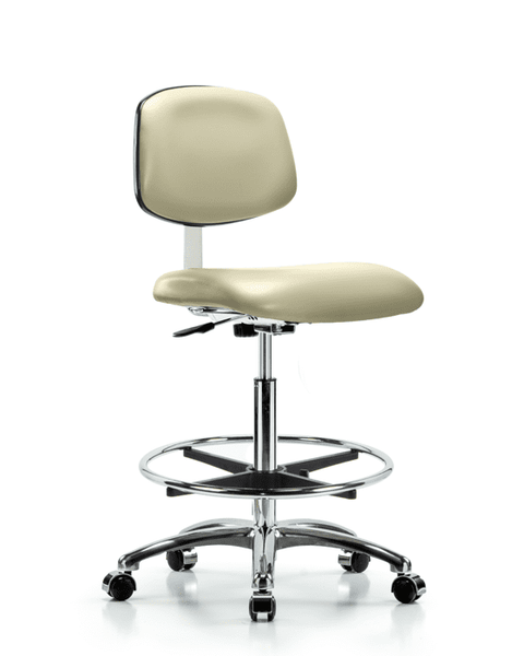 Class 10 Clean Room Vinyl Chair Chrome - High Bench Height with Chrome Foot Ring & Casters in Adobe White Trailblazer Vinyl - CLR-VHBCH-CR-CF-CC-8501