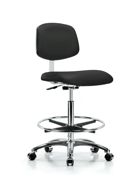 Class 10 Clean Room Vinyl Chair Chrome - High Bench Height with Chrome Foot Ring & Casters in Black Trailblazer Vinyl - CLR-VHBCH-CR-CF-CC-8540