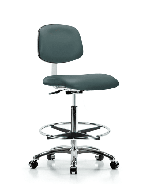 Class 10 Clean Room Vinyl Chair Chrome - High Bench Height with Chrome Foot Ring & Casters in Colonial Blue Trailblazer Vinyl - CLR-VHBCH-CR-CF-CC-8546