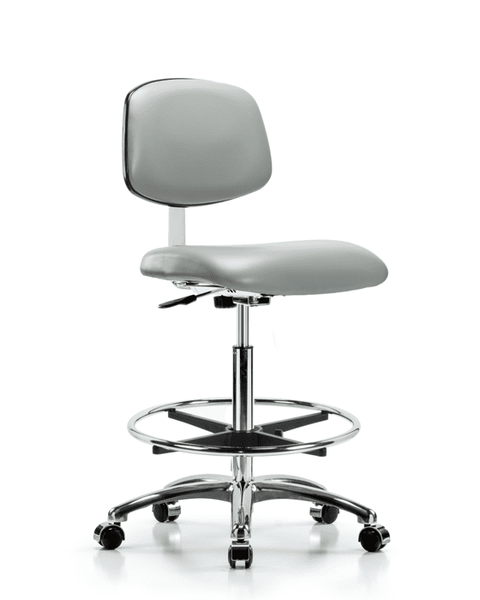 Class 10 Clean Room Vinyl Chair Chrome - High Bench Height with Chrome Foot Ring & Casters in Dove Trailblazer Vinyl - CLR-VHBCH-CR-CF-CC-8567