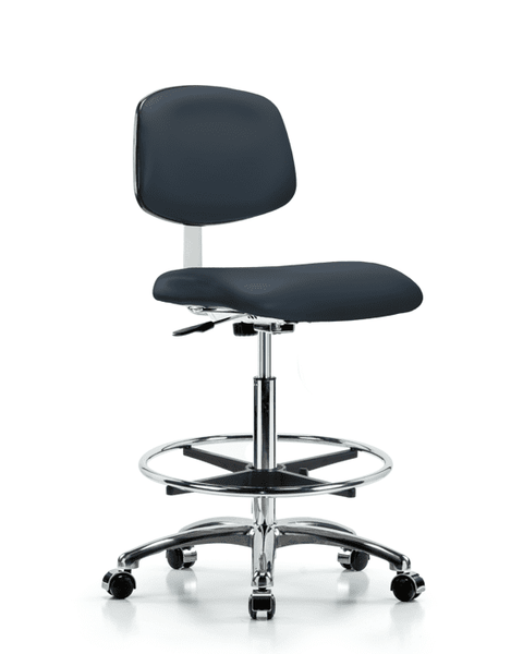 Class 10 Clean Room Vinyl Chair Chrome - High Bench Height with Chrome Foot Ring & Casters in Imperial Blue Trailblazer Vinyl - CLR-VHBCH-CR-CF-CC-8582