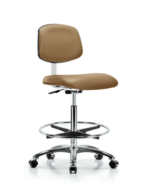 Class 10 Clean Room Vinyl Chair Chrome - High Bench Height with Chrome Foot Ring & Casters in Taupe Trailblazer Vinyl - CLR-VHBCH-CR-CF-CC-8584