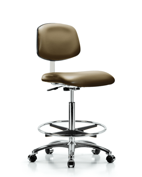 Class 10 Clean Room Vinyl Chair Chrome - High Bench Height with Chrome Foot Ring & Casters in Taupe Supernova Vinyl - CLR-VHBCH-CR-CF-CC-8809