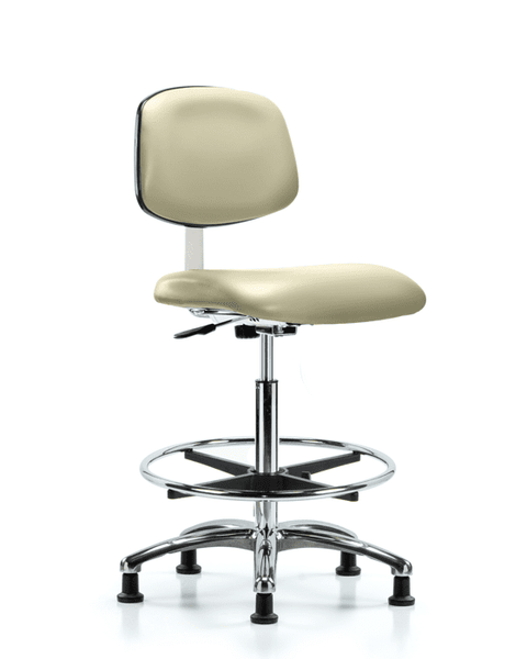 Class 10 Clean Room Vinyl Chair Chrome - High Bench Height with Chrome Foot Ring & Stationary Glides in Adobe White Trailblazer Vinyl - CLR-VHBCH-CR-CF-RG-8501