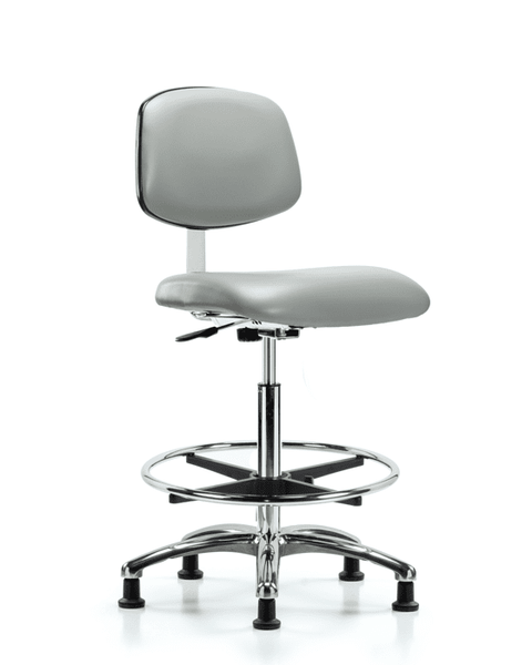 Class 10 Clean Room Vinyl Chair Chrome - High Bench Height with Chrome Foot Ring & Stationary Glides in Dove Trailblazer Vinyl - CLR-VHBCH-CR-CF-RG-8567