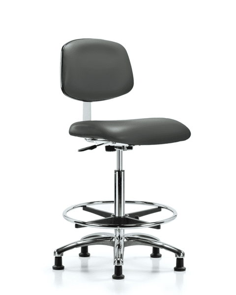 Class 10 Clean Room Vinyl Chair Chrome - High Bench Height with Chrome Foot Ring & Stationary Glides in Carbon Supernova Vinyl - CLR-VHBCH-CR-CF-RG-8823