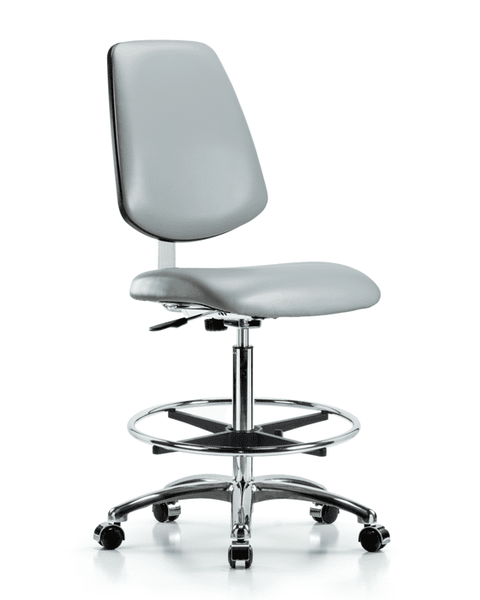 Class 10 Clean Room Vinyl Chair Chrome - High Bench Height with Medium Back, Chrome Foot Ring, & Casters in Dove Trailblazer Vinyl - CLR-VHBCH-MB-CR-CF-CC-8567