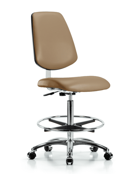 Class 10 Clean Room Vinyl Chair Chrome - High Bench Height with Medium Back, Chrome Foot Ring, & Casters in Taupe Trailblazer Vinyl - CLR-VHBCH-MB-CR-CF-CC-8584