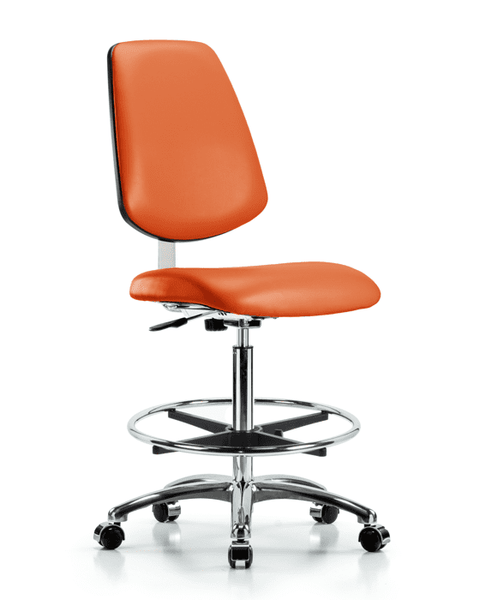 Class 10 Clean Room Vinyl Chair Chrome - High Bench Height with Medium Back, Chrome Foot Ring, & Casters in Orange Kist Trailblazer Vinyl - CLR-VHBCH-MB-CR-CF-CC-8613