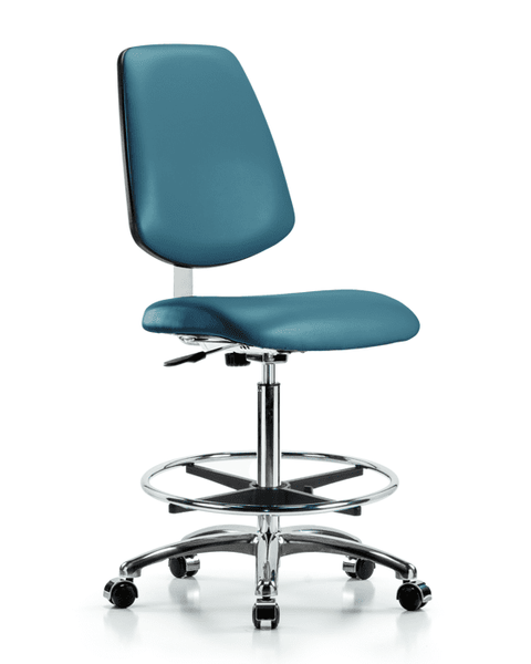 Class 10 Clean Room Vinyl Chair Chrome - High Bench Height with Medium Back, Chrome Foot Ring, & Casters in Marine Blue Supernova Vinyl - CLR-VHBCH-MB-CR-CF-CC-8801