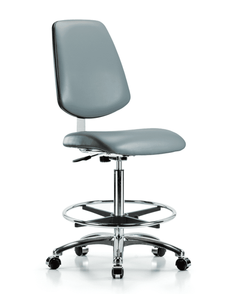 Class 10 Clean Room Vinyl Chair Chrome - High Bench Height with Medium Back, Chrome Foot Ring, & Casters in Storm Supernova Vinyl - CLR-VHBCH-MB-CR-CF-CC-8822