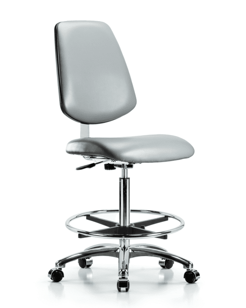 Class 10 Clean Room Vinyl Chair Chrome - High Bench Height with Medium Back, Chrome Foot Ring, & Casters in Sterling Supernova Vinyl - CLR-VHBCH-MB-CR-CF-CC-8840