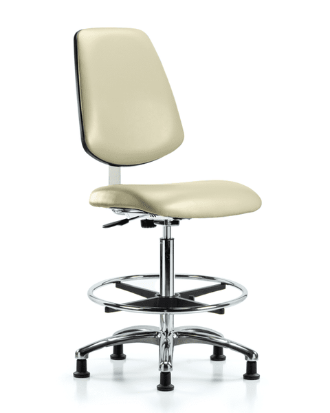 Class 10 Clean Room Vinyl Chair Chrome - High Bench Height with Medium Back, Chrome Foot Ring, & Stationary Glides in Adobe White Trailblazer Vinyl - CLR-VHBCH-MB-CR-CF-RG-8501