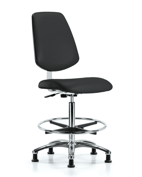Class 10 Clean Room Vinyl Chair Chrome - High Bench Height with Medium Back, Chrome Foot Ring, & Stationary Glides in Black Trailblazer Vinyl - CLR-VHBCH-MB-CR-CF-RG-8540