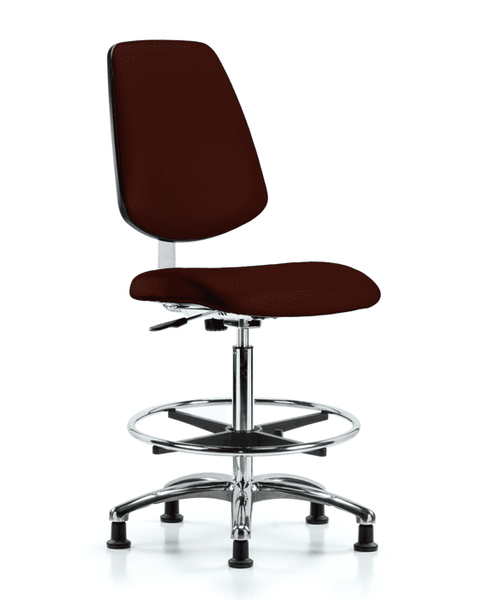 Class 10 Clean Room Vinyl Chair Chrome - High Bench Height with Medium Back, Chrome Foot Ring, & Stationary Glides in Burgundy Trailblazer Vinyl - CLR-VHBCH-MB-CR-CF-RG-8569