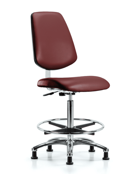 Class 10 Clean Room Vinyl Chair Chrome - High Bench Height with Medium Back, Chrome Foot Ring, & Stationary Glides in Borscht Supernova Vinyl - CLR-VHBCH-MB-CR-CF-RG-8815