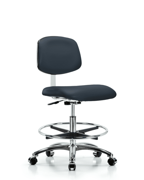 Class 10 Clean Room Vinyl Chair Chrome - Medium Bench Height with Chrome Foot Ring & Casters in Imperial Blue Trailblazer Vinyl - CLR-VMBCH-CR-CF-CC-8582