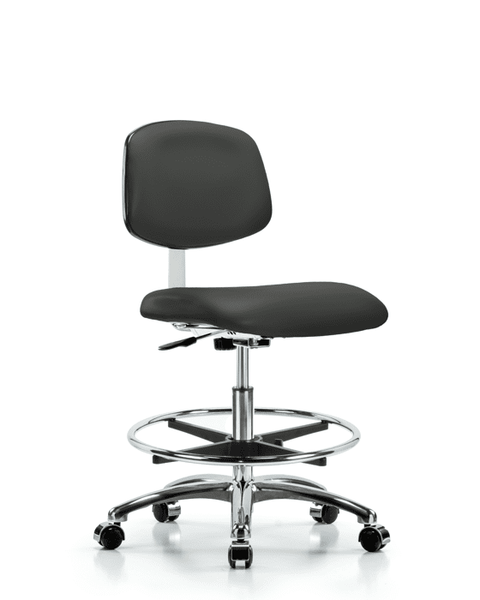 Class 10 Clean Room Vinyl Chair Chrome - Medium Bench Height with Chrome Foot Ring & Casters in Charcoal Trailblazer Vinyl - CLR-VMBCH-CR-CF-CC-8605