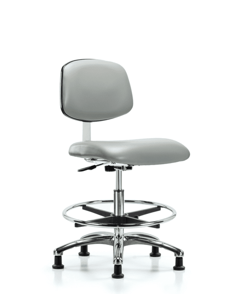 Class 10 Clean Room Vinyl Chair Chrome - Medium Bench Height with Chrome Foot Ring & Stationary Glides in Dove Trailblazer Vinyl - CLR-VMBCH-CR-CF-RG-8567