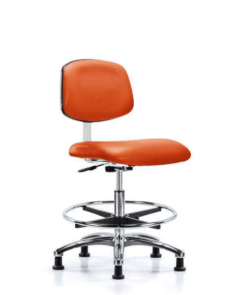 Class 10 Clean Room Vinyl Chair Chrome - Medium Bench Height with Chrome Foot Ring & Stationary Glides in Orange Kist Trailblazer Vinyl - CLR-VMBCH-CR-CF-RG-8613