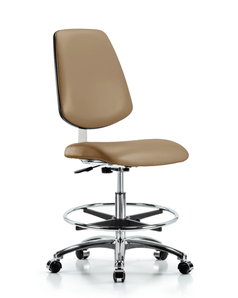 Class 10 Clean Room Vinyl Chair Chrome - Medium Bench Height with Medium Back, Chrome Foot Ring, & Casters in Taupe Trailblazer Vinyl - CLR-VMBCH-MB-CR-CF-CC-8584