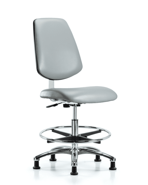 Class 10 Clean Room Vinyl Chair Chrome - Medium Bench Height with Medium Back, Chrome Foot Ring, & Stationary Glides in Dove Trailblazer Vinyl - CLR-VMBCH-MB-CR-CF-RG-8567