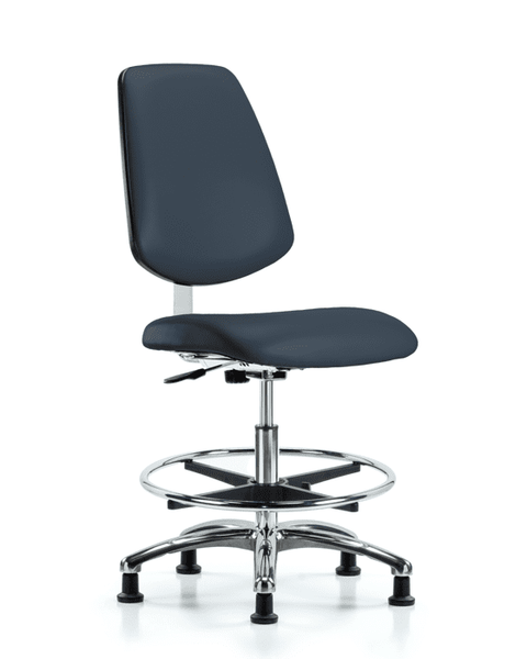 Class 10 Clean Room Vinyl Chair Chrome - Medium Bench Height with Medium Back, Chrome Foot Ring, & Stationary Glides in Imperial Blue Trailblazer Vinyl - CLR-VMBCH-MB-CR-CF-RG-8582