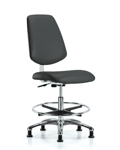 Class 10 Clean Room Vinyl Chair Chrome - Medium Bench Height with Medium Back, Chrome Foot Ring, & Stationary Glides in Charcoal Trailblazer Vinyl - CLR-VMBCH-MB-CR-CF-RG-8605