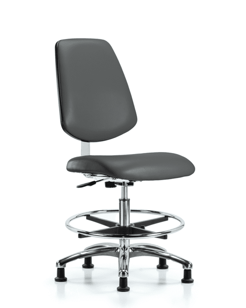 Class 10 Clean Room Vinyl Chair Chrome - Medium Bench Height with Medium Back, Chrome Foot Ring, & Stationary Glides in Carbon Supernova Vinyl - CLR-VMBCH-MB-CR-CF-RG-8823