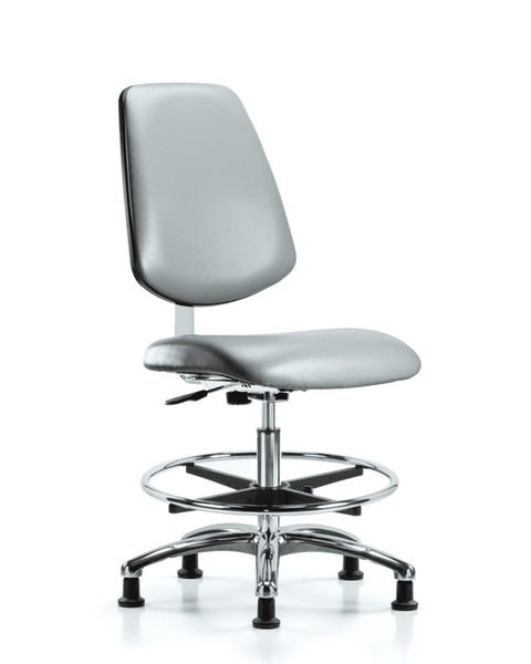 Class 10 Clean Room Vinyl Chair Chrome - Medium Bench Height with Medium Back, Chrome Foot Ring, & Stationary Glides in Sterling Supernova Vinyl - CLR-VMBCH-MB-CR-CF-RG-8840