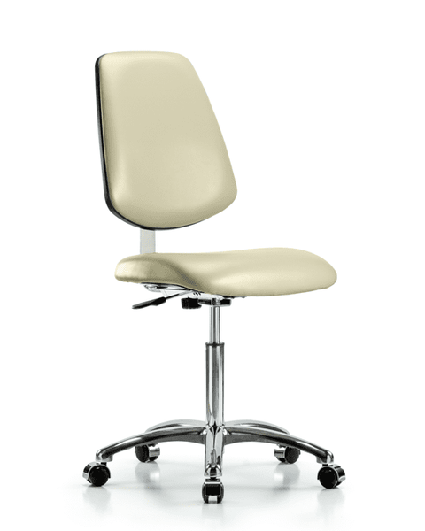 Class 10 Clean Room Vinyl Chair Chrome - Medium Bench Height with Medium Back & Casters in Adobe White Trailblazer Vinyl - CLR-VMBCH-MB-CR-NF-CC-8501