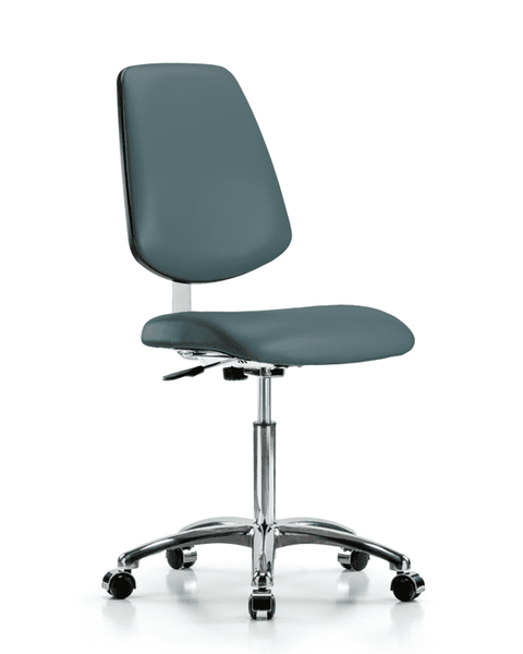 Class 10 Clean Room Vinyl Chair Chrome - Medium Bench Height with Medium Back & Casters in Colonial Blue Trailblazer Vinyl - CLR-VMBCH-MB-CR-NF-CC-8546