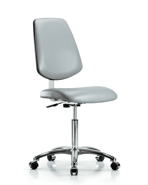 Class 10 Clean Room Vinyl Chair Chrome - Medium Bench Height with Medium Back & Casters in Dove Trailblazer Vinyl - CLR-VMBCH-MB-CR-NF-CC-8567