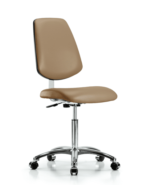 Class 10 Clean Room Vinyl Chair Chrome - Medium Bench Height with Medium Back & Casters in Taupe Trailblazer Vinyl - CLR-VMBCH-MB-CR-NF-CC-8584