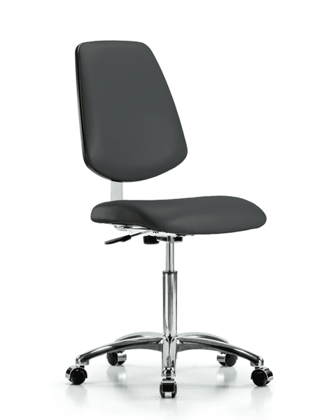 Class 10 Clean Room Vinyl Chair Chrome - Medium Bench Height with Medium Back & Casters in Charcoal Trailblazer Vinyl - CLR-VMBCH-MB-CR-NF-CC-8605