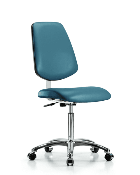 Class 10 Clean Room Vinyl Chair Chrome - Medium Bench Height with Medium Back & Casters in Marine Blue Supernova Vinyl - CLR-VMBCH-MB-CR-NF-CC-8801