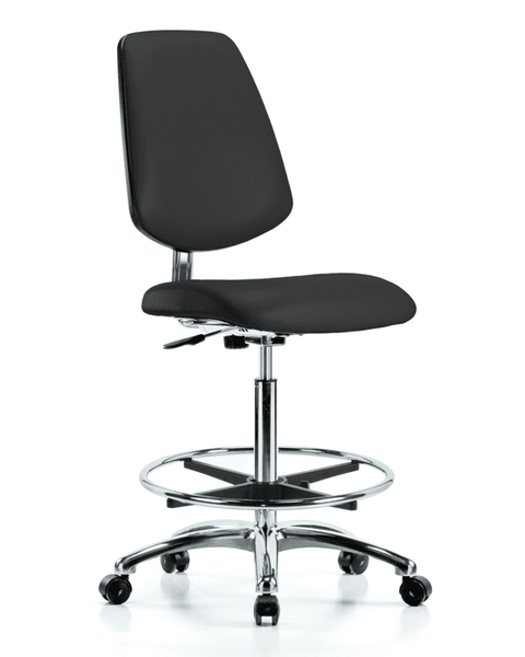 Class 10 Clean Room/ESD Vinyl Chair - High Bench Height with Medium Back, Chrome Foot Ring, & ESD Casters in ESD Black Vinyl - ECR-VHBCH-MB-CR-CF-EC-ESDBLK