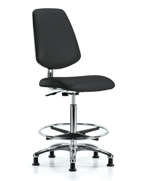 Class 10 Clean Room/ESD Vinyl Chair - High Bench Height with Medium Back, Chrome Foot Ring, & ESD Stationary Glides in ESD Black Vinyl - ECR-VHBCH-MB-CR-CF-EG-ESDBLK
