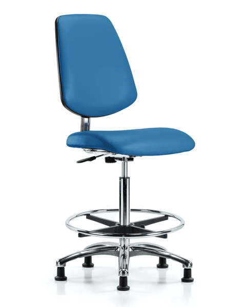 Class 10 Clean Room/ESD Vinyl Chair - High Bench Height with Medium Back, Chrome Foot Ring, & ESD Stationary Glides in ESD Blue Vinyl - ECR-VHBCH-MB-CR-CF-EG-ESDBLU