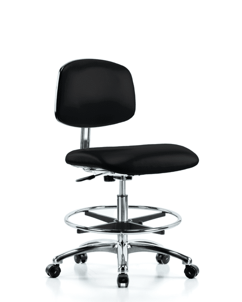 Class 10 Clean Room/ESD Vinyl Chair - Medium Bench Height with Chrome Foot Ring & ESD Casters in ESD Black Vinyl - ECR-VMBCH-CR-CF-EC-ESDBLK