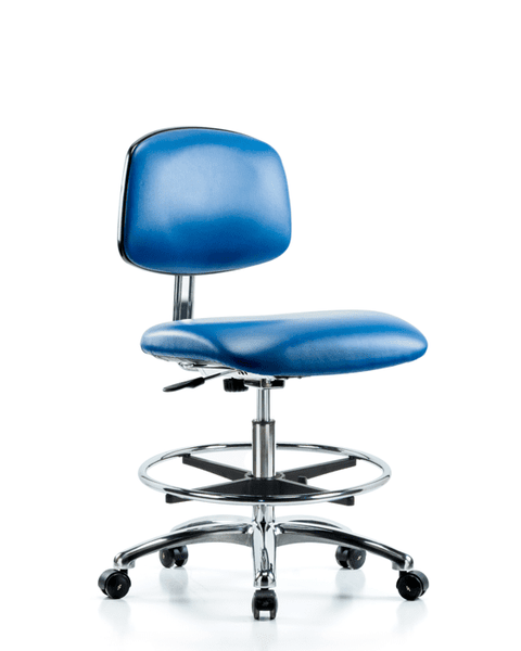 Class 10 Clean Room/ESD Vinyl Chair - Medium Bench Height with Chrome Foot Ring & ESD Casters in ESD Blue Vinyl - ECR-VMBCH-CR-CF-EC-ESDBLU