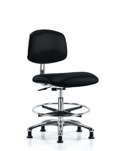 Class 10 Clean Room/ESD Vinyl Chair - Medium Bench Height with Chrome Foot Ring & ESD Stationary Glides in ESD Black Vinyl - ECR-VMBCH-CR-CF-EG-ESDBLK