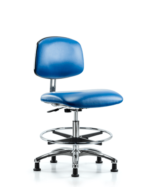 Class 10 Clean Room/ESD Vinyl Chair - Medium Bench Height with Chrome Foot Ring & ESD Stationary Glides in ESD Blue Vinyl - ECR-VMBCH-CR-CF-EG-ESDBLU