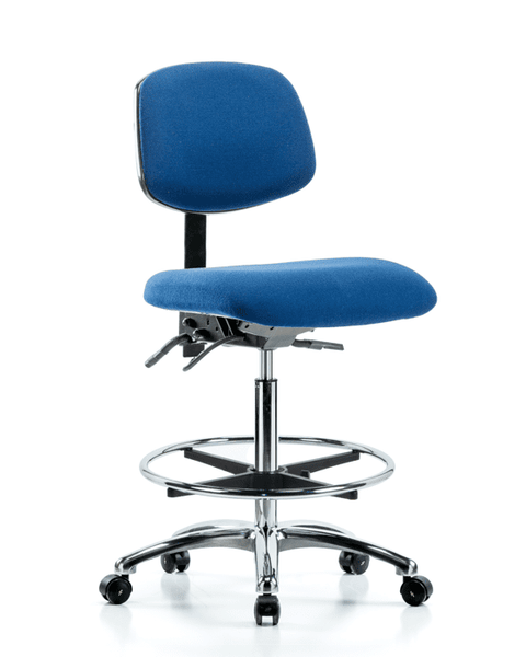 Fabric ESD Chair - High Bench Height with Chrome Foot Ring & ESD Casters in ESD Blue Fabric - ESD-FHBCH-CR-T0-A0-CF-EC-ESDBLU