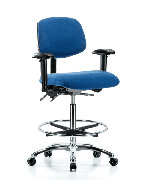 Fabric ESD Chair - High Bench Height with Adjustable Arms, Chrome Foot Ring, & ESD Casters in ESD Blue Fabric - ESD-FHBCH-CR-T0-A1-CF-EC-ESDBLU