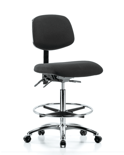 Fabric ESD Chair - High Bench Height with Seat Tilt, Chrome Foot Ring, & ESD Casters in ESD Black Fabric - ESD-FHBCH-CR-T1-A0-CF-EC-ESDBLK