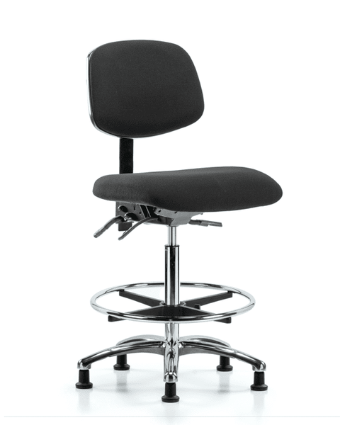 Fabric ESD Chair - High Bench Height with Seat Tilt, Chrome Foot Ring, & ESD Stationary Glides in ESD Black Fabric - ESD-FHBCH-CR-T1-A0-CF-EG-ESDBLK