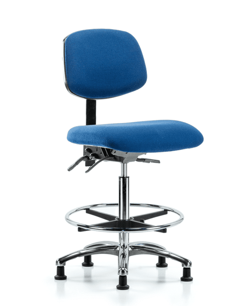 Fabric ESD Chair - High Bench Height with Seat Tilt, Chrome Foot Ring, & ESD Stationary Glides in ESD Blue Fabric - ESD-FHBCH-CR-T1-A0-CF-EG-ESDBLU