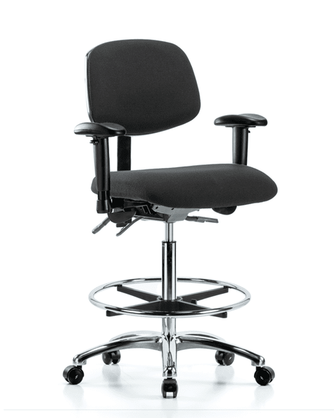 Fabric ESD Chair - High Bench Height with Seat Tilt, Adjustable Arms, Chrome Foot Ring, & ESD Casters in ESD Black Fabric - ESD-FHBCH-CR-T1-A1-CF-EC-ESDBLK